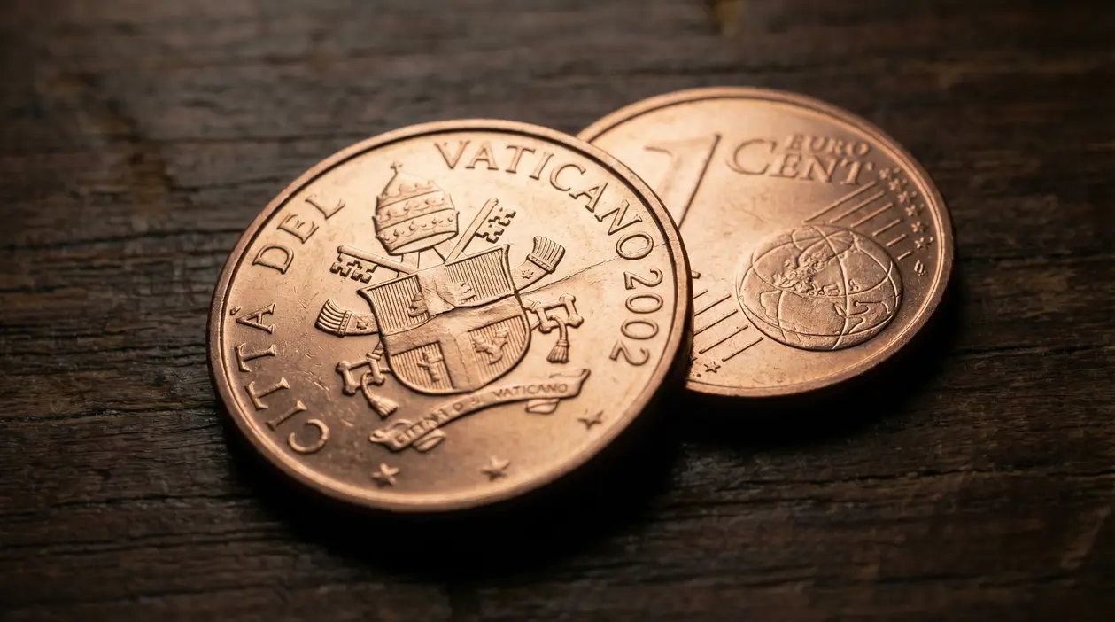 Due monete da 1 centesimo, una coniata dal Vaticano del 2002 su sfondo in legno
