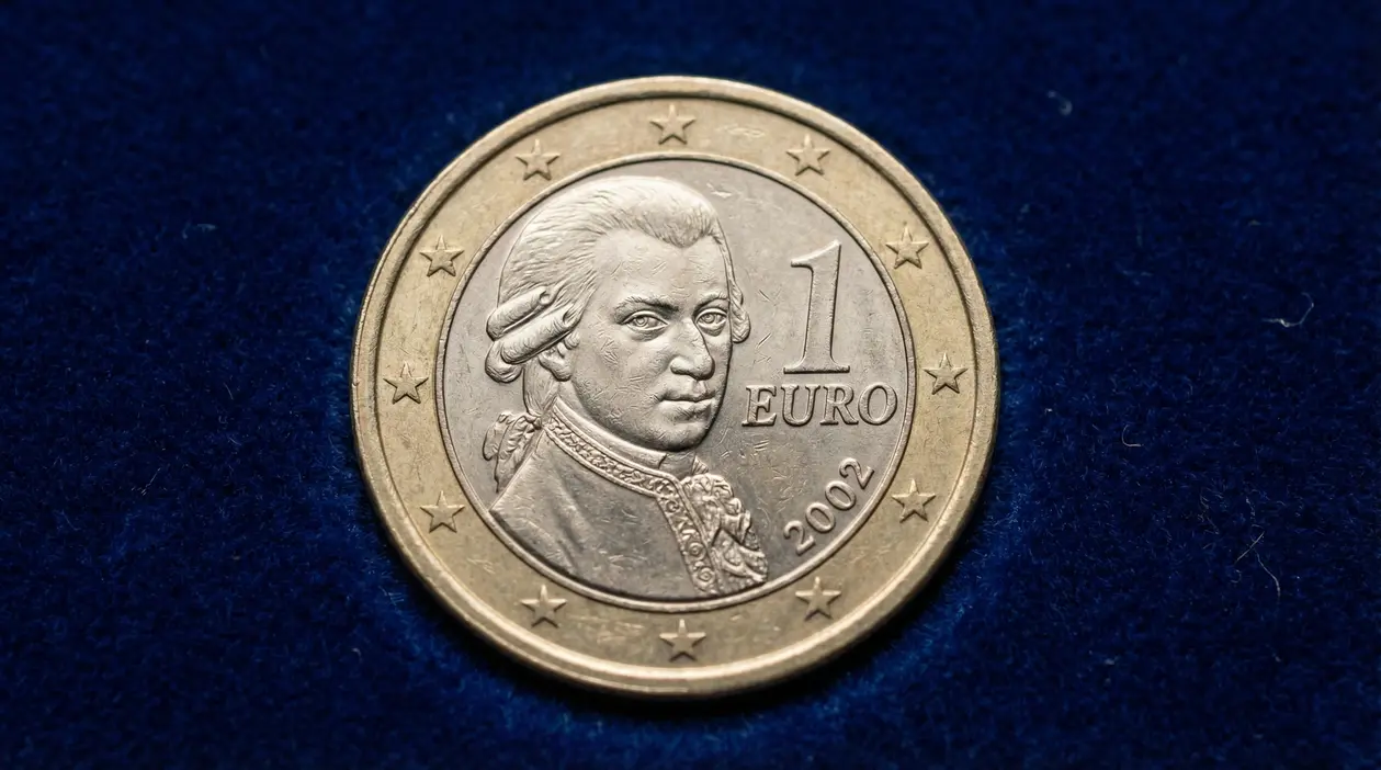 Moneta da 1 euro Austria 2002 con ritratto su sfondo blu
