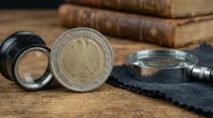 Moneta da 2 euro Germania 2012 con lente d'ingrandimento e libri antichi sullo sfondo
