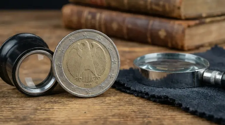 Moneta da 2 euro Germania 2012 con lente d'ingrandimento e libri antichi sullo sfondo