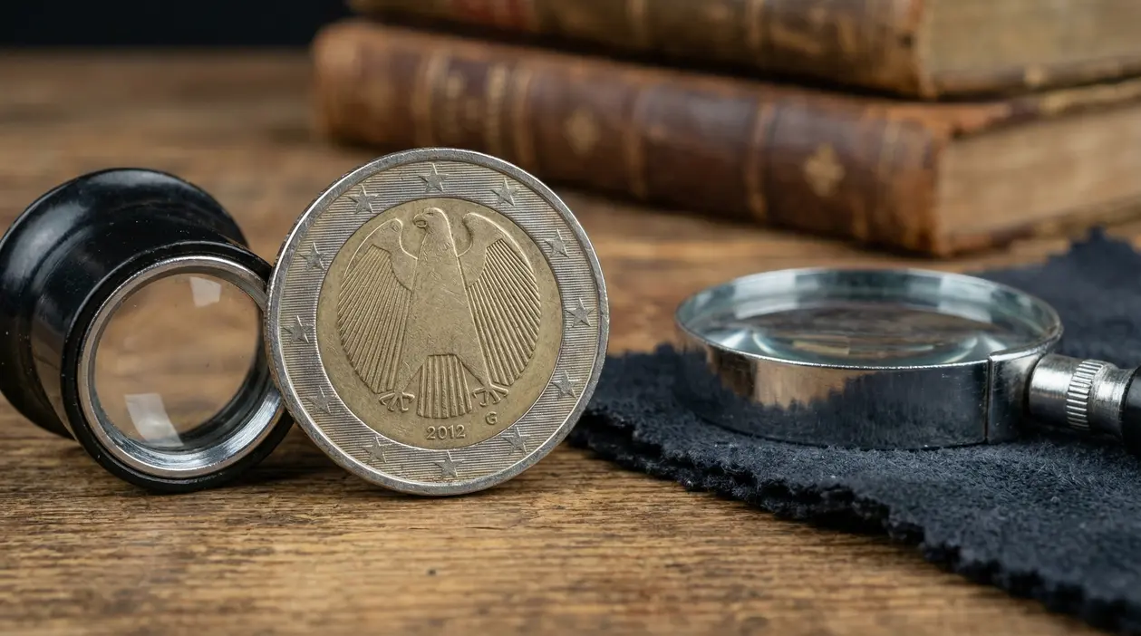 Moneta da 2 euro Germania 2012 con lente d'ingrandimento e libri antichi sullo sfondo