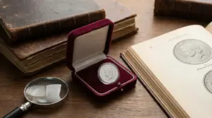 Moneta commemorativa in cofanetto espositivo accanto a libri antichi e lente d'ingrandimento