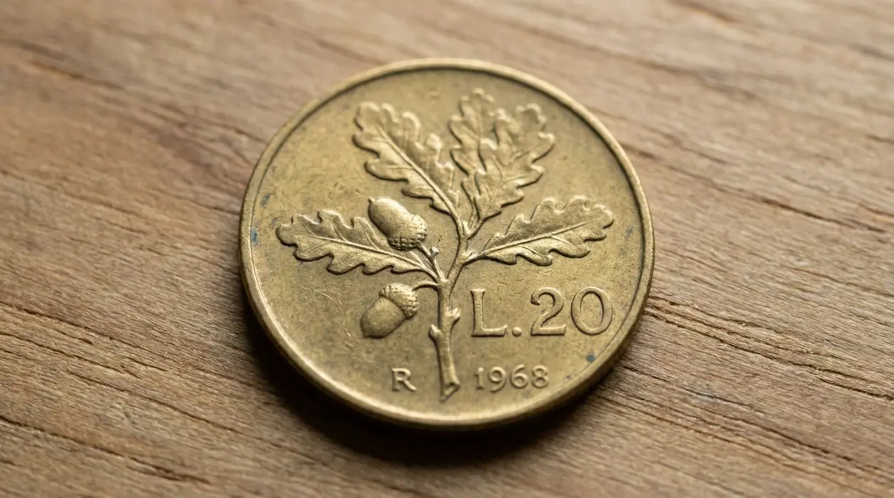 Moneta italiana da 20 lire del 1968 con ramo di quercia su sfondo in legno