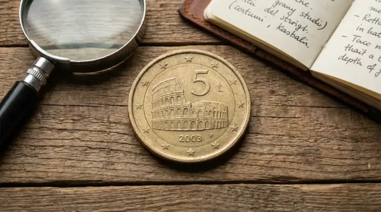 Moneta da 5 centesimi Italia 2003 su superficie in legno con lente d'ingrandimento e taccuino