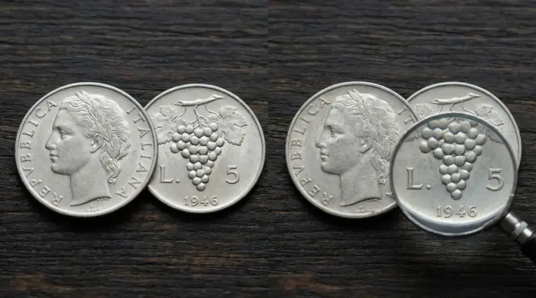 Monete da 5 lire del 1946 con grappolo d'uva, una osservata con lente di ingrandimento