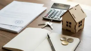 Modellino di casa, calcolatrice, chiavi e documenti su una scrivania