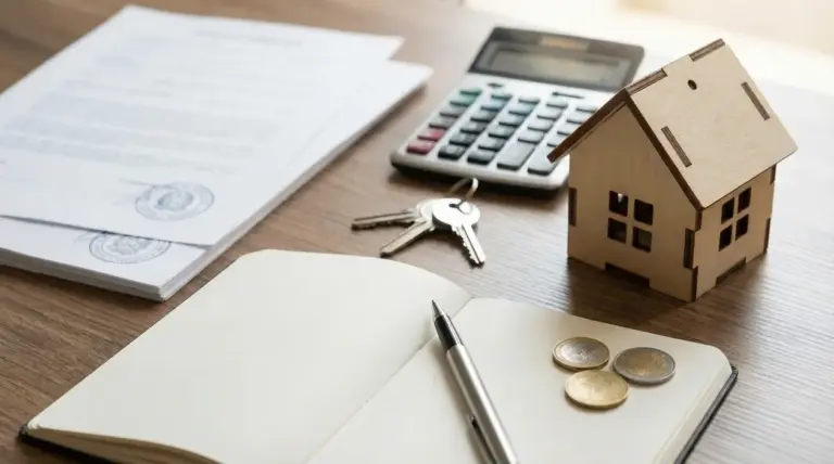 Modellino di casa, calcolatrice, chiavi e documenti su una scrivania