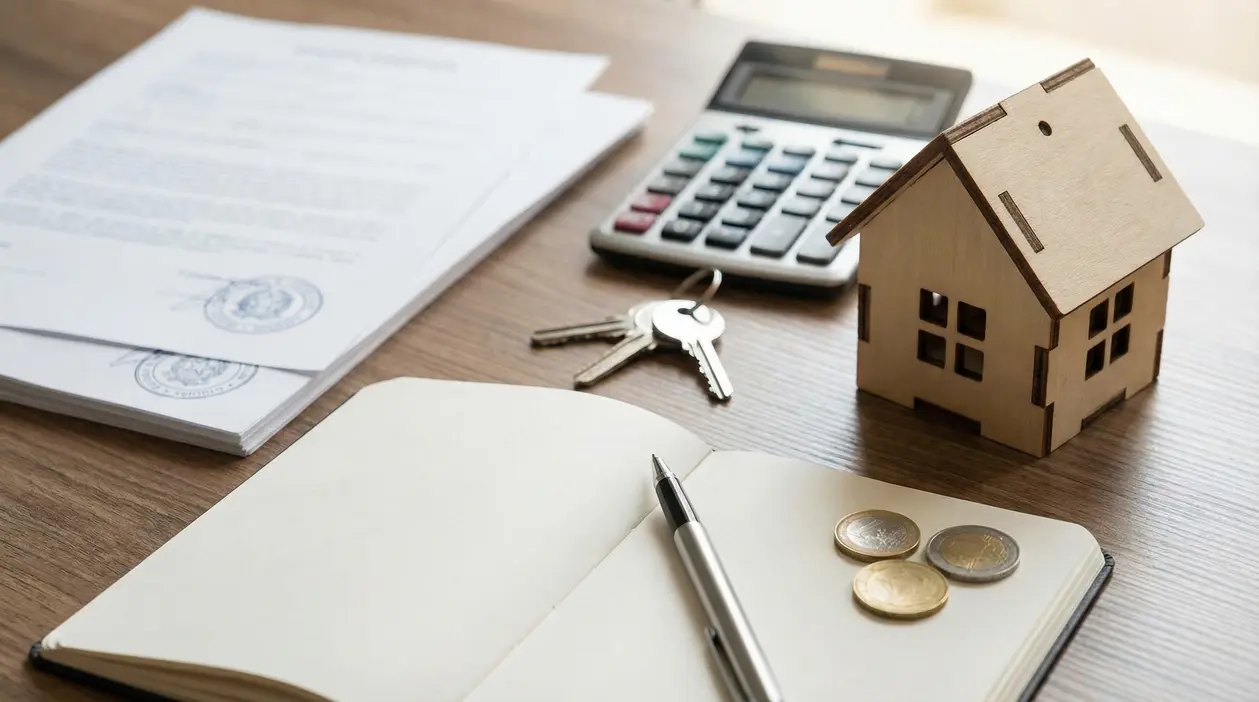 Modellino di casa, calcolatrice, chiavi e documenti su una scrivania