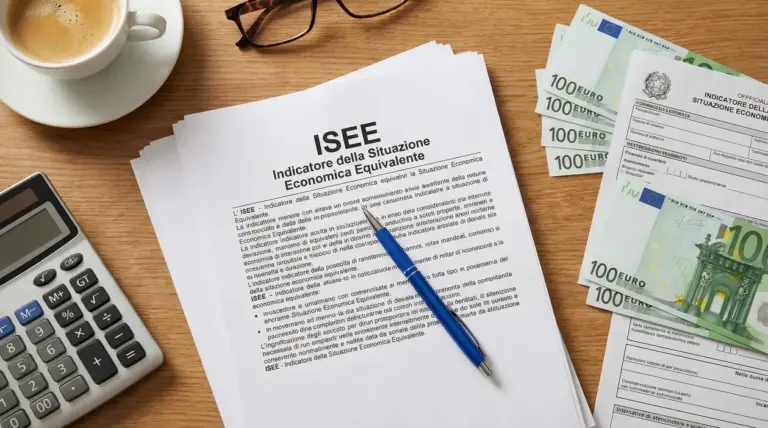 Documenti ISEE su una scrivania con calcolatrice, penna, occhiali e banconote da 100 euro