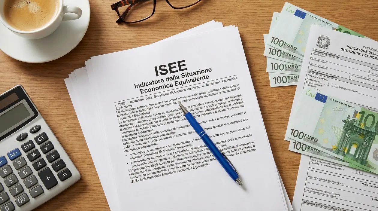 Documenti ISEE su una scrivania con calcolatrice, penna, occhiali e banconote da 100 euro
