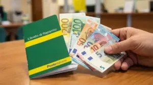 Una mano tiene un libretto di risparmio e diverse banconote in euro su un tavolo.