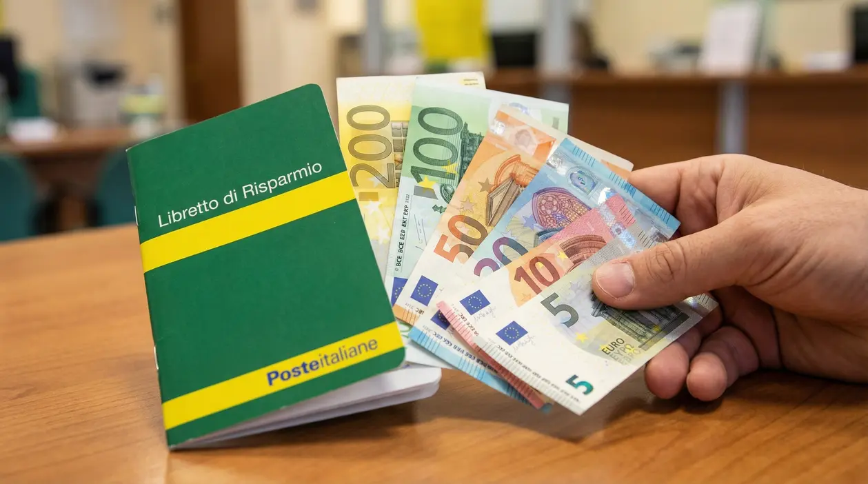 Una mano tiene un libretto di risparmio e diverse banconote in euro su un tavolo.