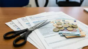 Documenti fiscali con forbici e denaro contante su una scrivania