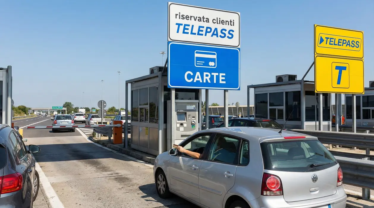 Auto in coda a un casello autostradale con corsie dedicate al Telepass e al pagamento con carta