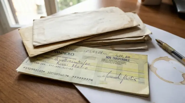 Assegno bancario appoggiato su una scrivania accanto a buste ingiallite e una penna
