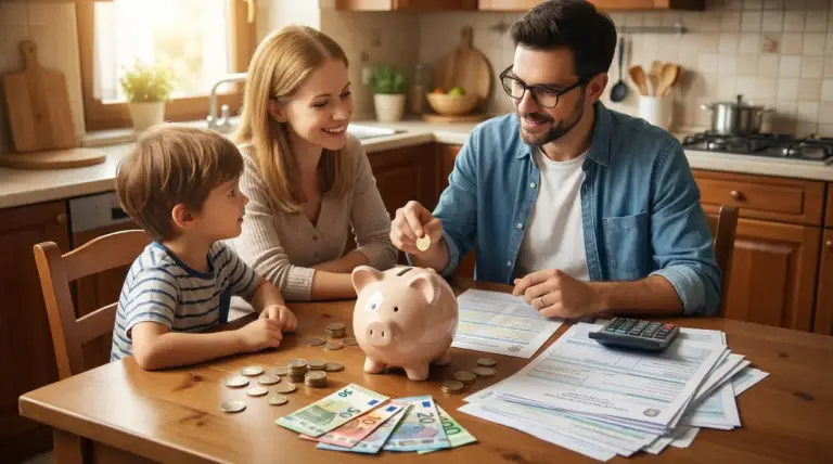 Documenti INPS su un tavolo con soldi, calcolatrice e disegno infantile