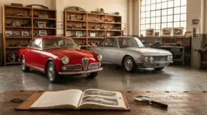 Due auto d'epoca in esposizione all'interno di un'officina con arredi vintage