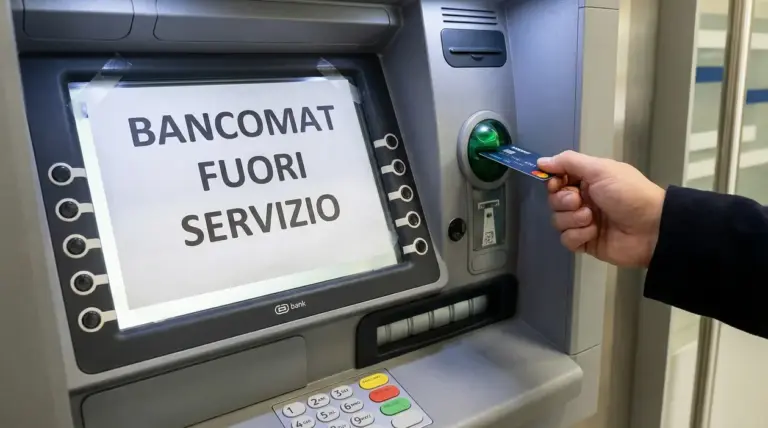 Persona inserisce una carta in un bancomat con messaggio di fuori servizio sullo schermo