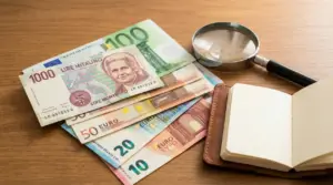 Banconote in lire italiane ed euro su un tavolo con lente d’ingrandimento e taccuino