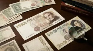 Vecchie banconote italiane da collezione su un tavolo accanto a una lente d'ingrandimento