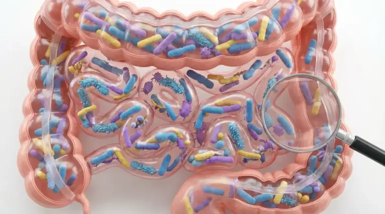 Illustrazione dell'intestino umano con batteri colorati al suo interno
