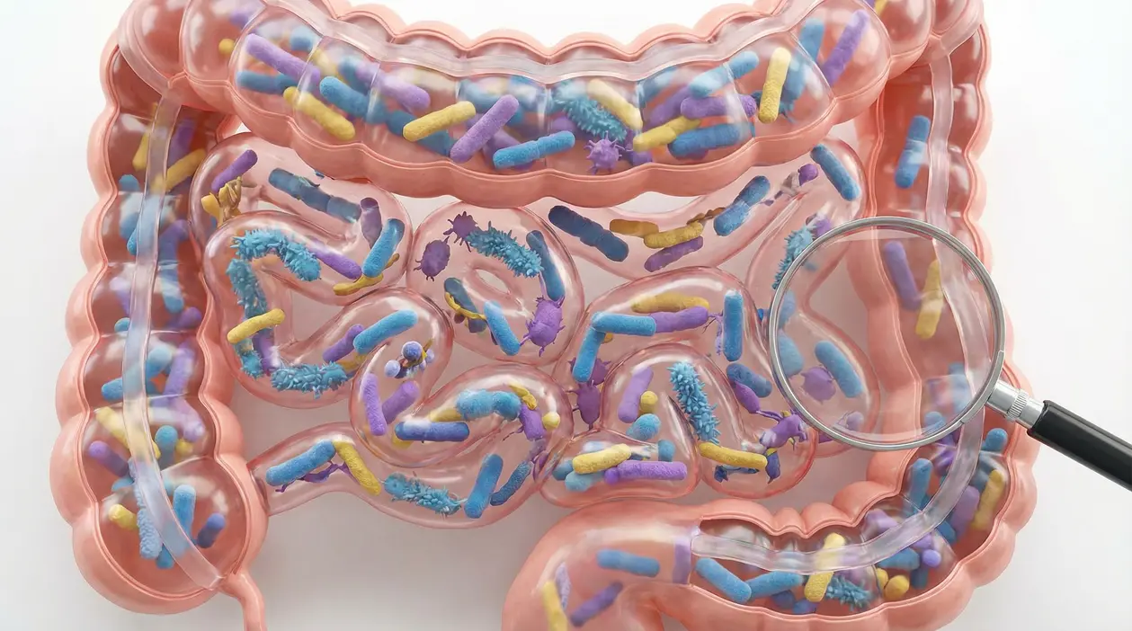 Illustrazione dell'intestino umano con batteri colorati al suo interno