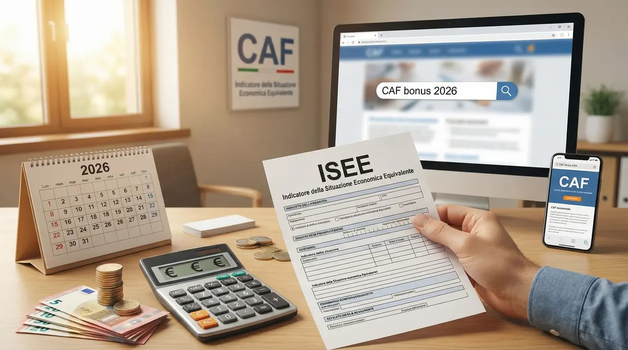 Persona con documento ISEE presso un ufficio CAF, vicino a un calendario 2026 e oggetti per il calcolo economico