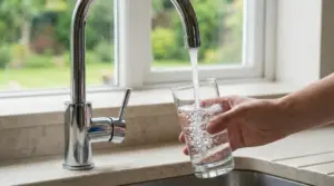 Una mano riempie un bicchiere d'acqua potabile da un rubinetto da cucina