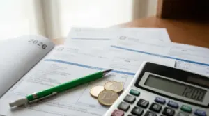 Calcolatrice, monete e documenti su un tavolo con riferimento al 2026