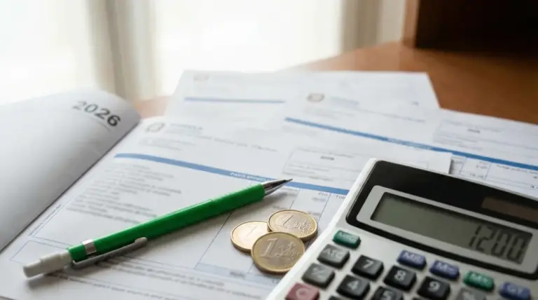Calcolatrice, monete e documenti su un tavolo con riferimento al 2026