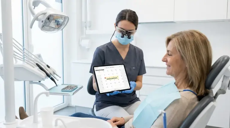 Una dentista mostra un tablet con un calendario a una paziente seduta sulla poltrona odontoiatrica