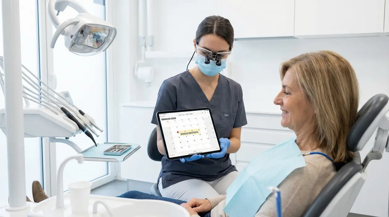 Una dentista mostra un tablet con un calendario a una paziente seduta sulla poltrona odontoiatrica