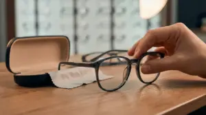 Mano che prende un paio di occhiali da vista su un tavolo accanto a un astuccio aperto