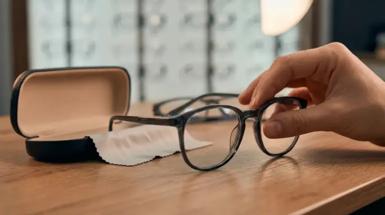 Mano che prende un paio di occhiali da vista su un tavolo accanto a un astuccio aperto