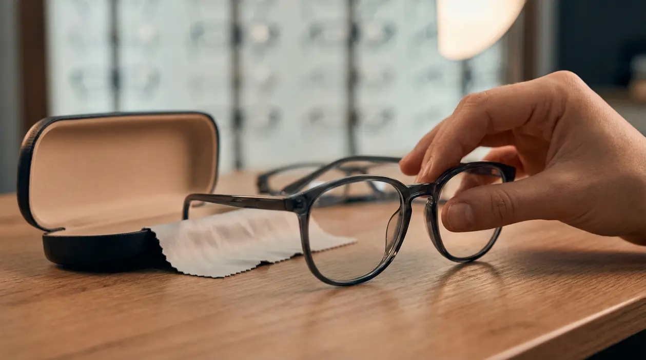 Mano che prende un paio di occhiali da vista su un tavolo accanto a un astuccio aperto
