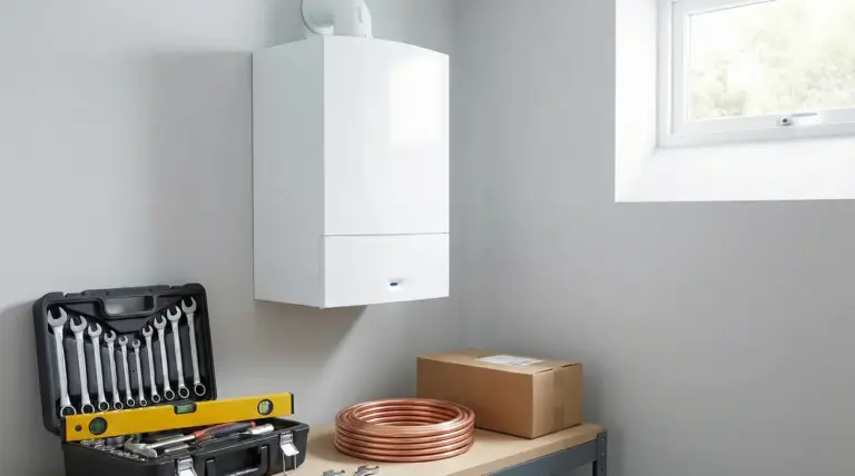 Caldaia moderna installata su una parete, con attrezzi e materiali da installazione vicini