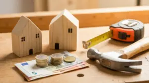 Modellini di case in legno con euro, martello e metro su tavolo da lavoro