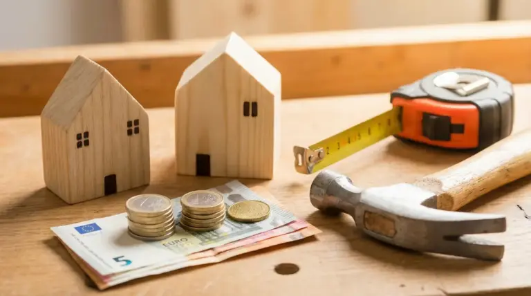 Modellini di case in legno con euro, martello e metro su tavolo da lavoro