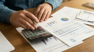 Persona che utilizza una calcolatrice accanto a documenti con grafici e dati finanziari