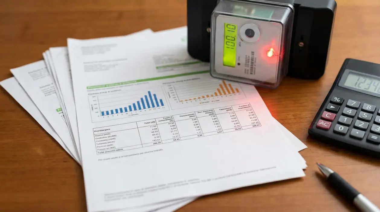 Documenti con grafici, contatore elettrico e calcolatrice su un tavolo