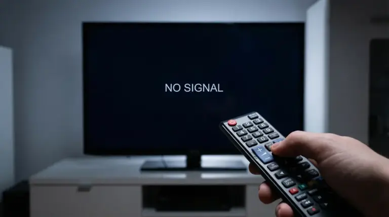 Mano tiene un telecomando davanti a una TV con schermo nero e messaggio di assenza segnale