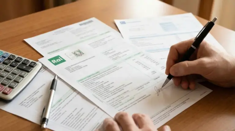 Persona che firma documenti relativi alla bolletta con logo RAI visibile su un foglio