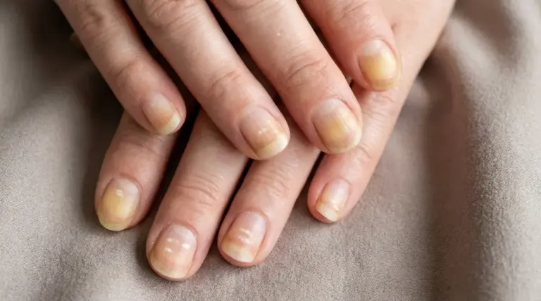 Mani con unghie ingiallite appoggiate su un tessuto chiaro