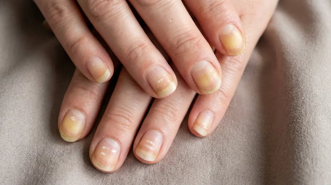 Mani con unghie ingiallite appoggiate su un tessuto chiaro