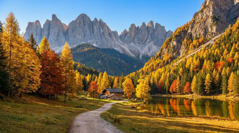 Paesaggio autunnale in Trentino con boschi colorati, lago e montagne sullo sfondo