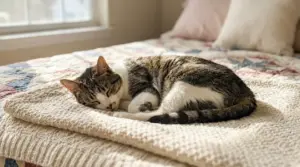 Gatto anziano che dorme su una coperta morbida in una stanza luminosa