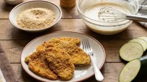 Fettine impanate senza uova su un piatto con ingredienti per la panatura sullo sfondo