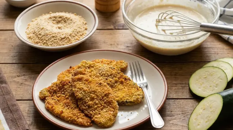 Fettine impanate senza uova su un piatto con ingredienti per la panatura sullo sfondo