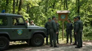 Gruppo di persone in uniforme del Corpo Forestale in una foresta accanto a un veicolo ufficiale