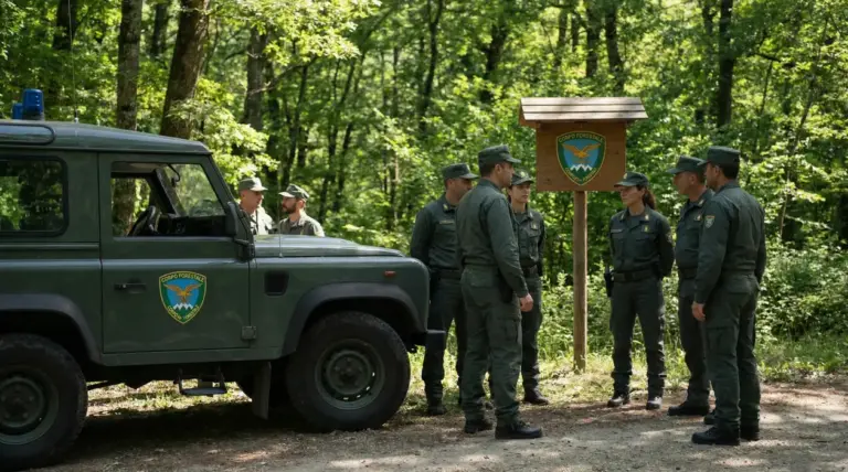 Gruppo di persone in uniforme del Corpo Forestale in una foresta accanto a un veicolo ufficiale
